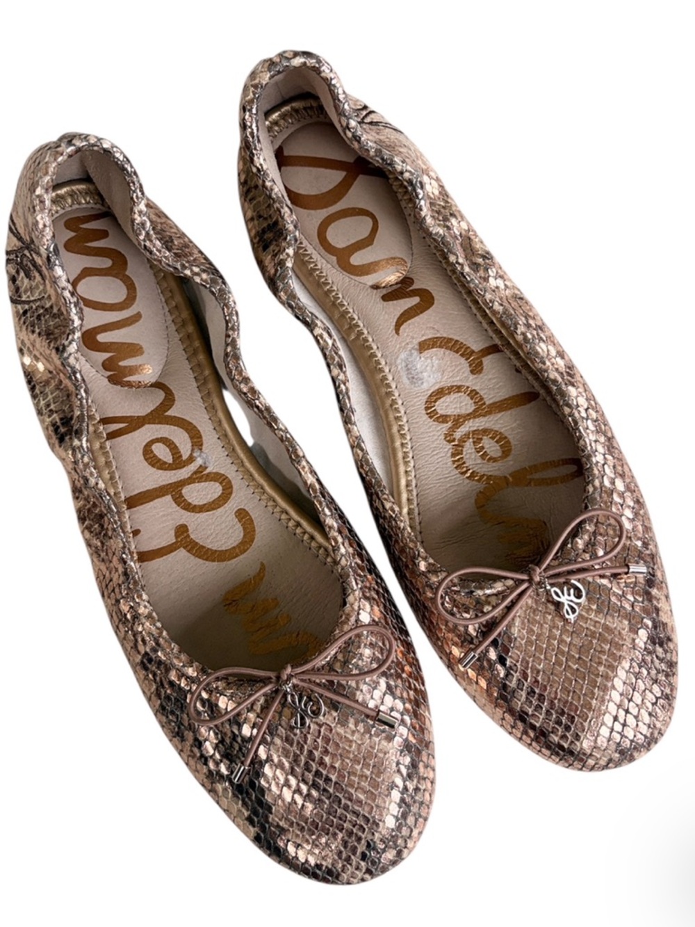 EUC Sam Edelman Leather Felicia Ballet Flats Rose Gold Snakeskin Size 10